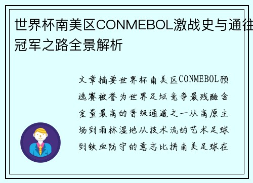 世界杯南美区CONMEBOL激战史与通往冠军之路全景解析 世界杯南美区CONMEBOL激战史与通往冠军之路全景解析